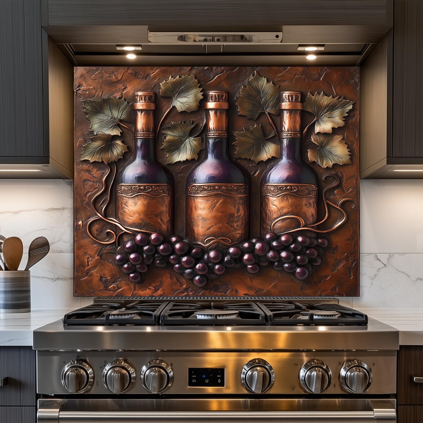 Vintage-inspired tempered glass backsplash for kitchens, with wine bottle and grapevine design. This heat-resistant wall protector combines functionality with rustic charm, ideal for a farmhouse aesthetic