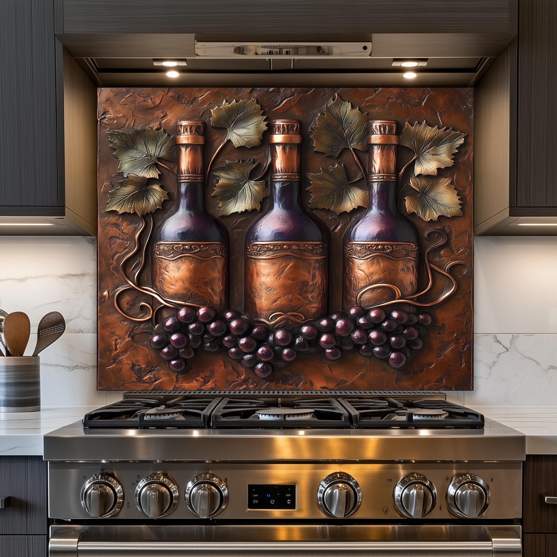 Vintage-inspired tempered glass backsplash for kitchens, with wine bottle and grapevine design. This heat-resistant wall protector combines functionality with rustic charm, ideal for a farmhouse aesthetic