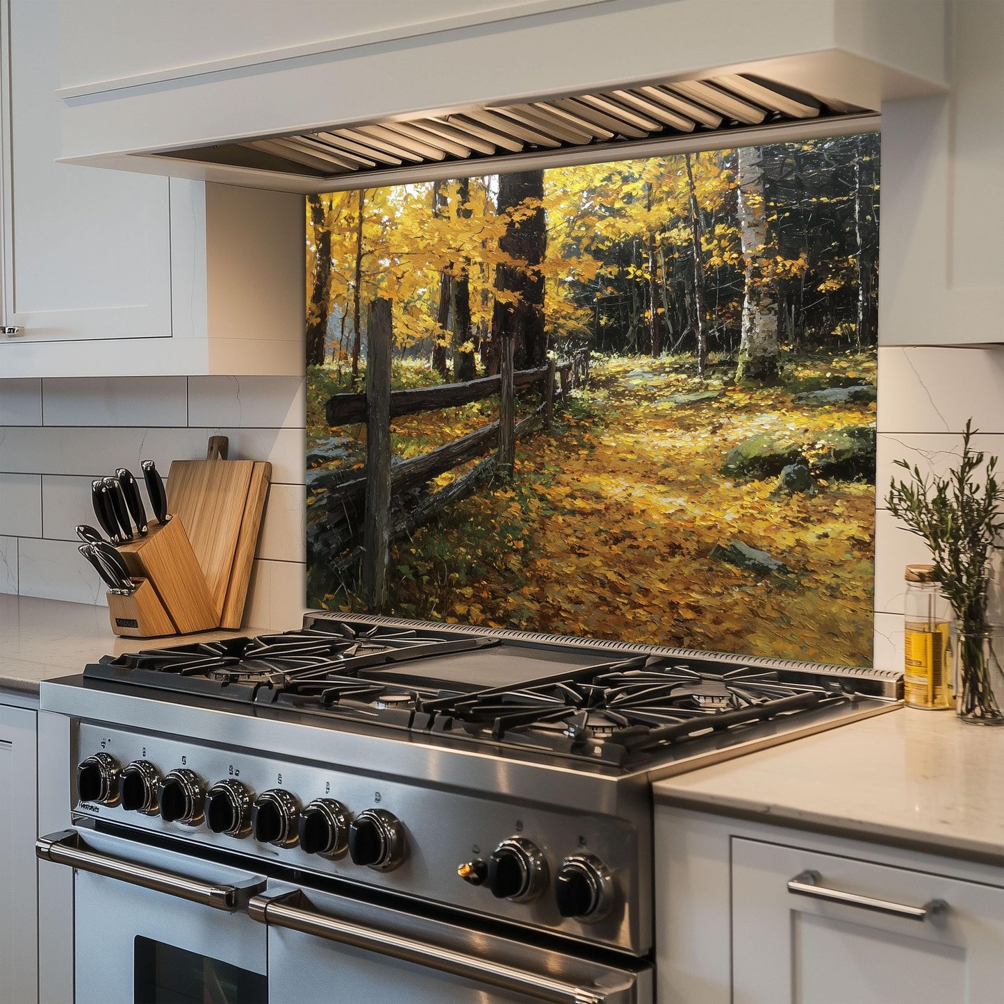 Autumn Forest Path Tempered Glass Kitchen Backsplash - Rustic Fence