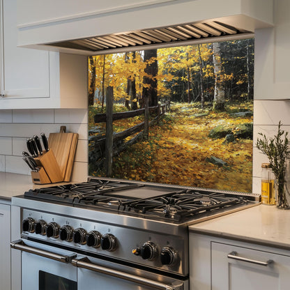 Autumn Forest Path Tempered Glass Kitchen Backsplash - Rustic Fence