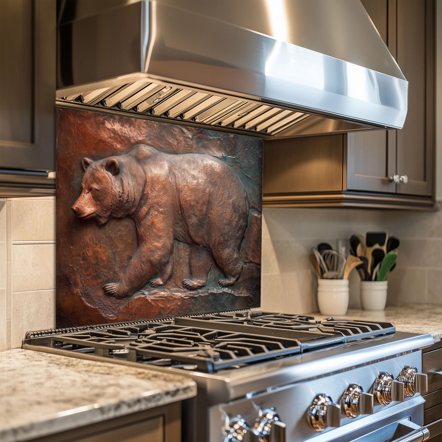 Rustic Copper Bear Backsplash: Tempered Glass Lodge Kitchen Decor