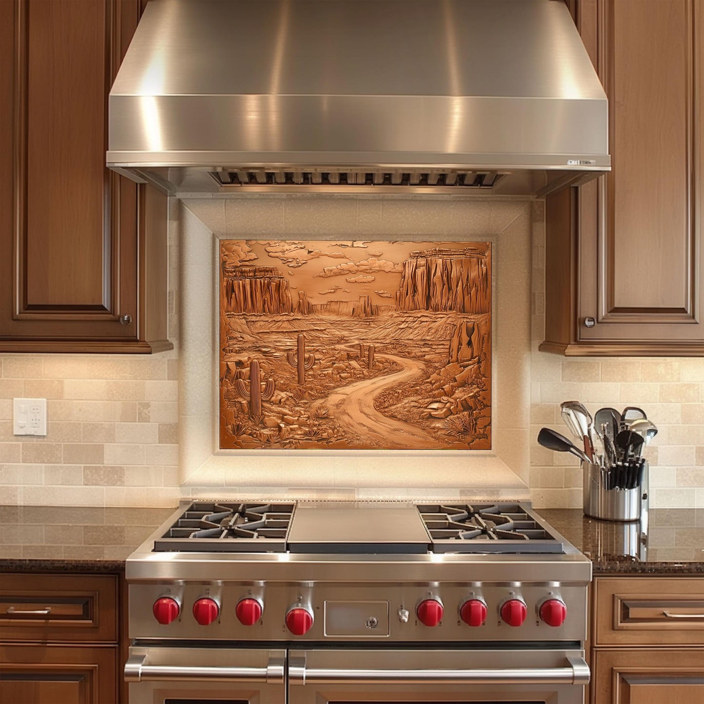 Canyon kitchen backsplash, heat-resistant tempered glass, copper effect wall protector, rustic desert design, easy clean stove backsplash, kitchen decor, nature-inspired art