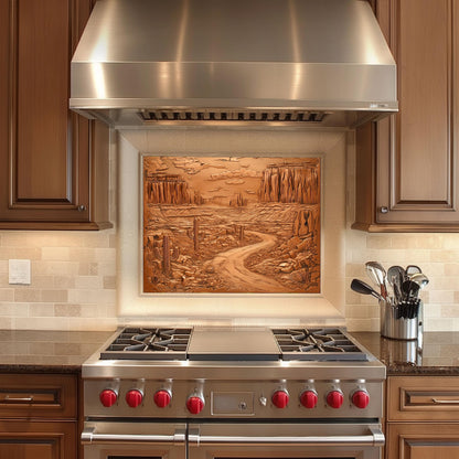 Canyon kitchen backsplash, heat-resistant tempered glass, copper effect wall protector, rustic desert design, easy clean stove backsplash, kitchen decor, nature-inspired art