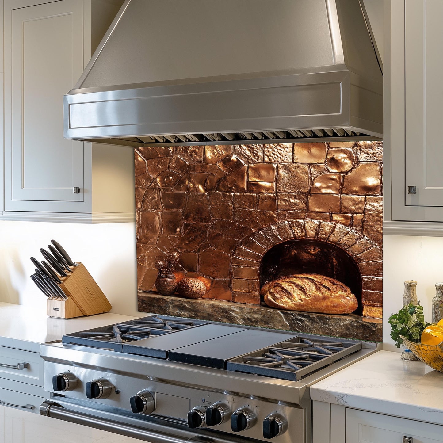 Embossed Copper Glass Backsplash, Rustic Oven Scene Stove Guard, Heat Resistant Farmhouse Wall Art