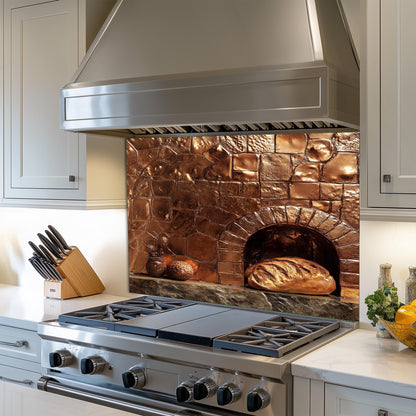 Embossed Copper Glass Backsplash, Rustic Oven Scene Stove Guard, Heat Resistant Farmhouse Wall Art