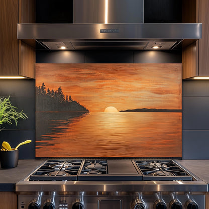 Sunset Ocean Glass Backsplash, Golden Sea Landscape Stove Guard, Heat Resistant Easy Clean Art
