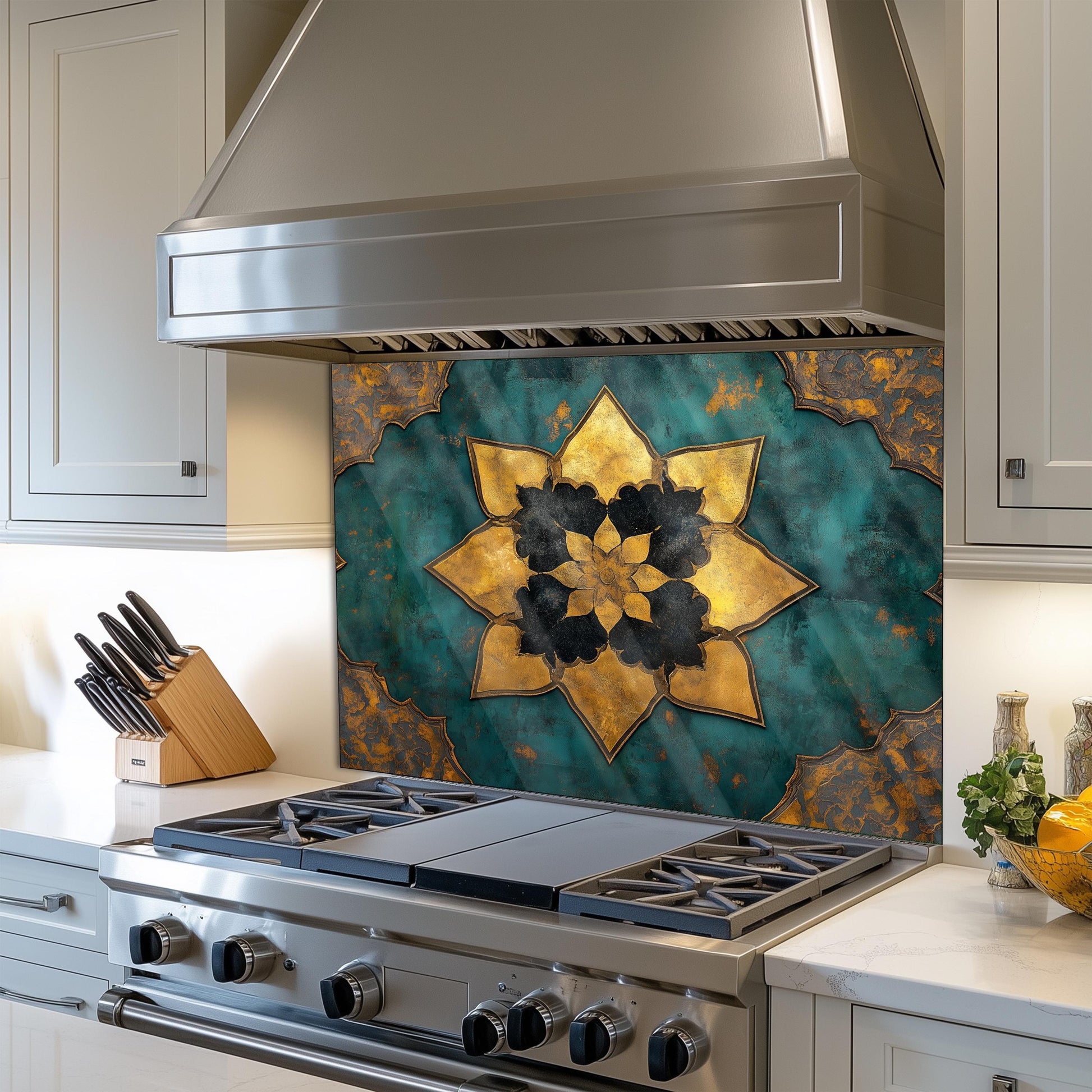 Moroccan Artistic Glass Backsplash, Floral Pattern Stove Guard, Heat Resistant Easy Clean Kitchen Art