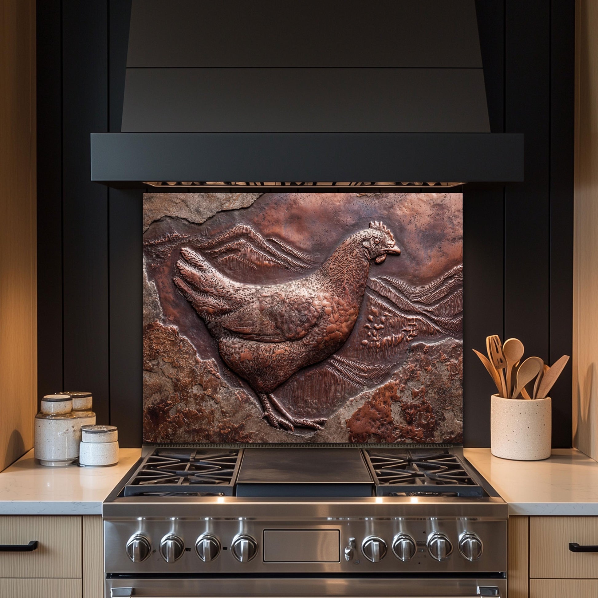 Copper Chicken Backsplash: Rustic Farmhouse Tempered Glass Stove Panel