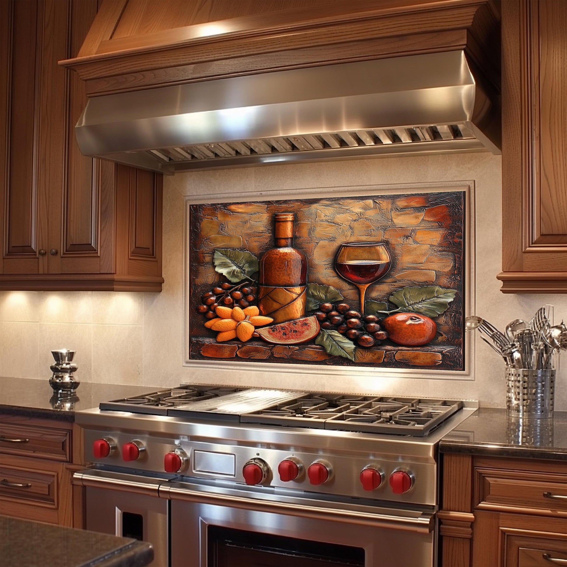 Wine-Themed Tempered Glass Kitchen Backsplash: Stove Area Art