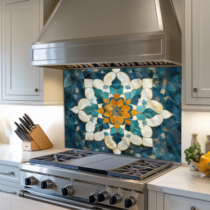Moroccan Style Glass Backsplash, Blue Geometric Stove Guard, Heat Resistant Easy Clean Kitchen Art