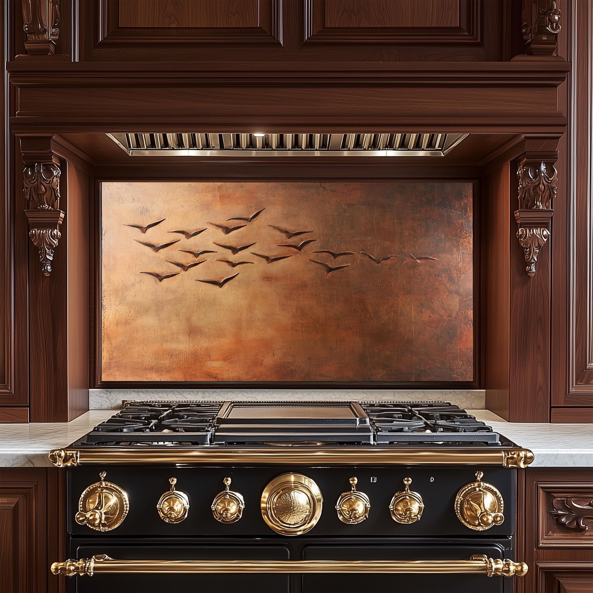 Copper Heron Tempered Glass Kitchen Backsplash: Rustic Bird Art