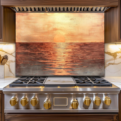Sunset Ocean Glass Backsplash, Tropical Beach Stove Guard, Heat Resistant Easy Clean Kitchen Art