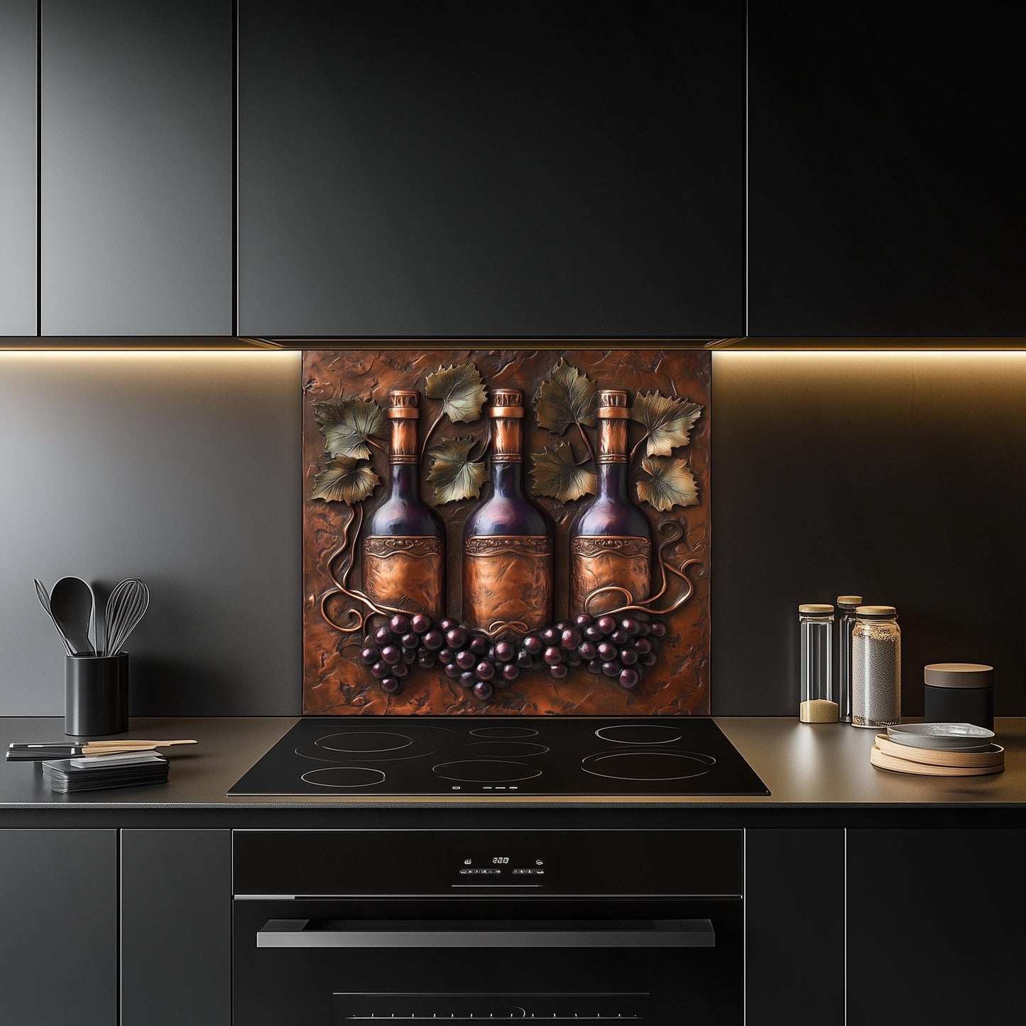 Vineyard-themed kitchen backsplash with detailed wine bottle design on tempered glass. Adds rustic charm to farmhouse kitchens, with heat resistance and easy maintenance. Perfect as a stylish wall protector behind the stove