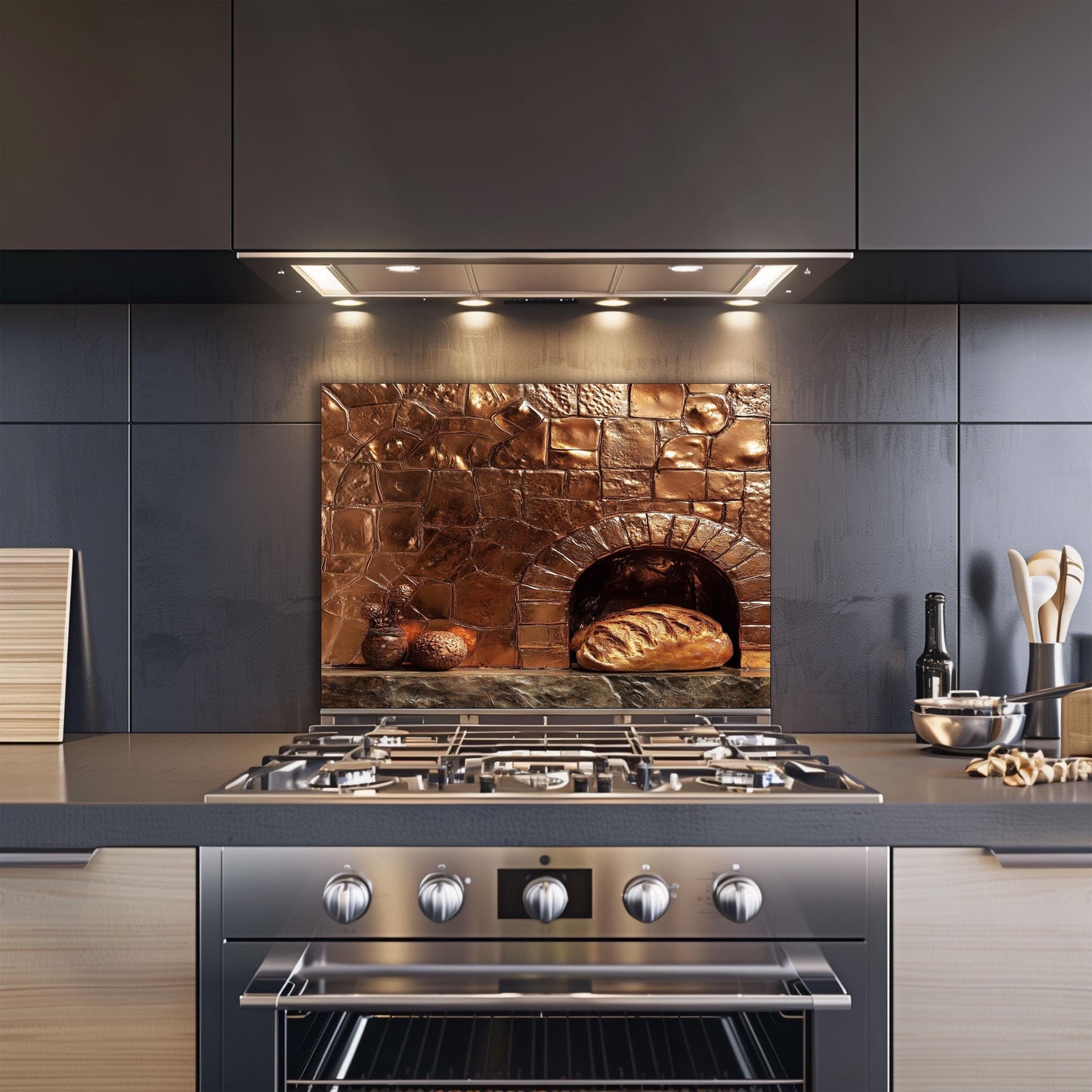 Embossed Copper Glass Backsplash, Rustic Oven Scene Stove Guard, Heat Resistant Farmhouse Wall Art