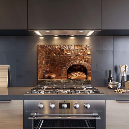 Embossed Copper Glass Backsplash, Rustic Oven Scene Stove Guard, Heat Resistant Farmhouse Wall Art