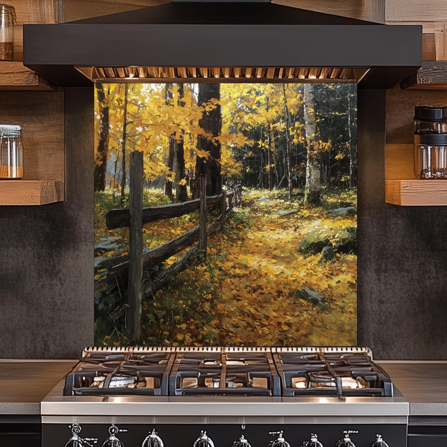 Autumn Forest Path Tempered Glass Kitchen Backsplash - Rustic Fence