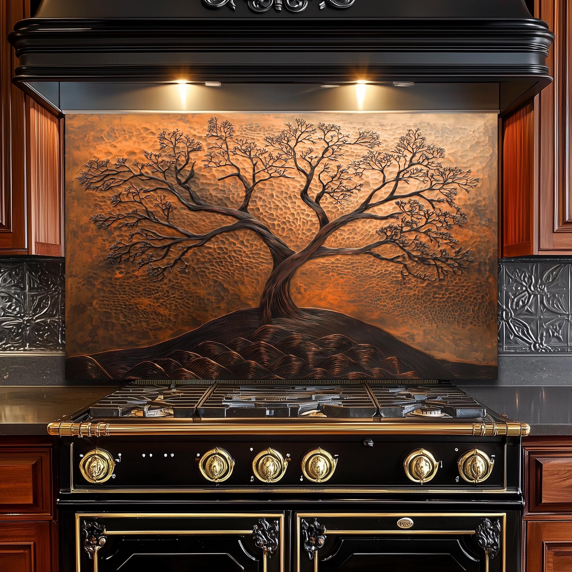 Tree of Life Tempered Glass Kitchen Backsplash: Copper Effect