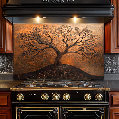 Tree of Life Tempered Glass Kitchen Backsplash: Copper Effect