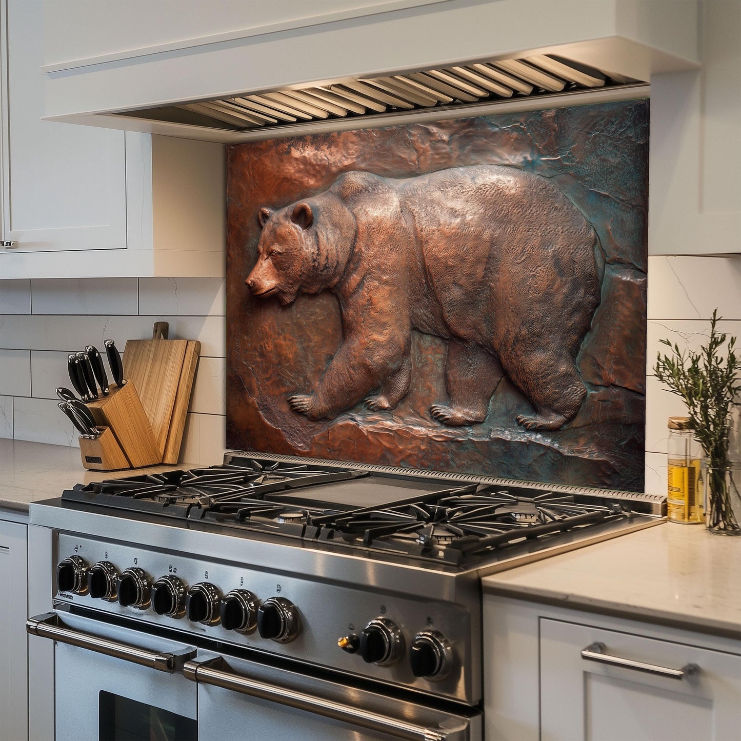 Rustic Copper Bear Backsplash: Tempered Glass Lodge Kitchen Decor