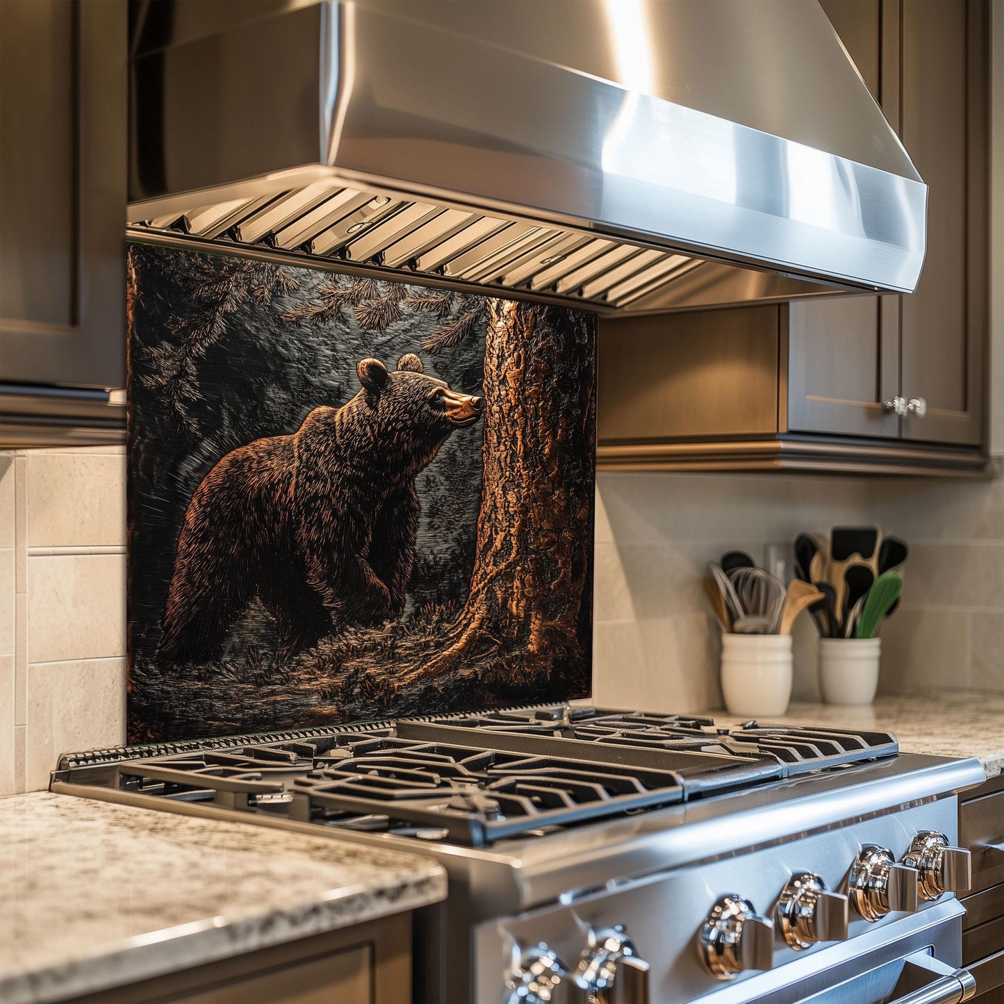 Bear scene backsplash, tempered glass kitchen panel, heat-resistant splashback, easy to clean, stove wall protector, artistic wall art, modern kitchen accent, stylish backsplash, rustic forest decor