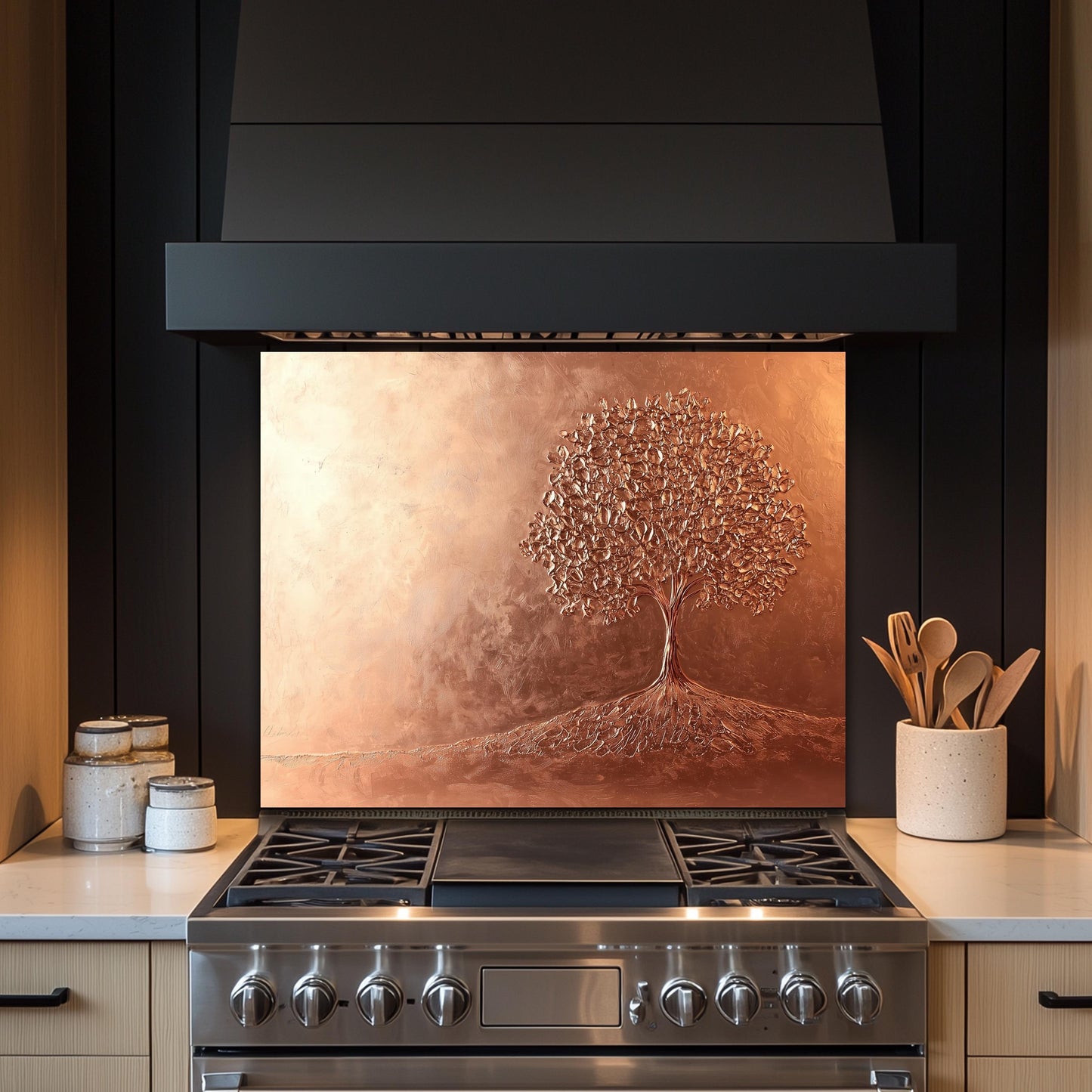 Tree of Life Tempered Glass Backsplash: Rustic Copper Kitchen Panel