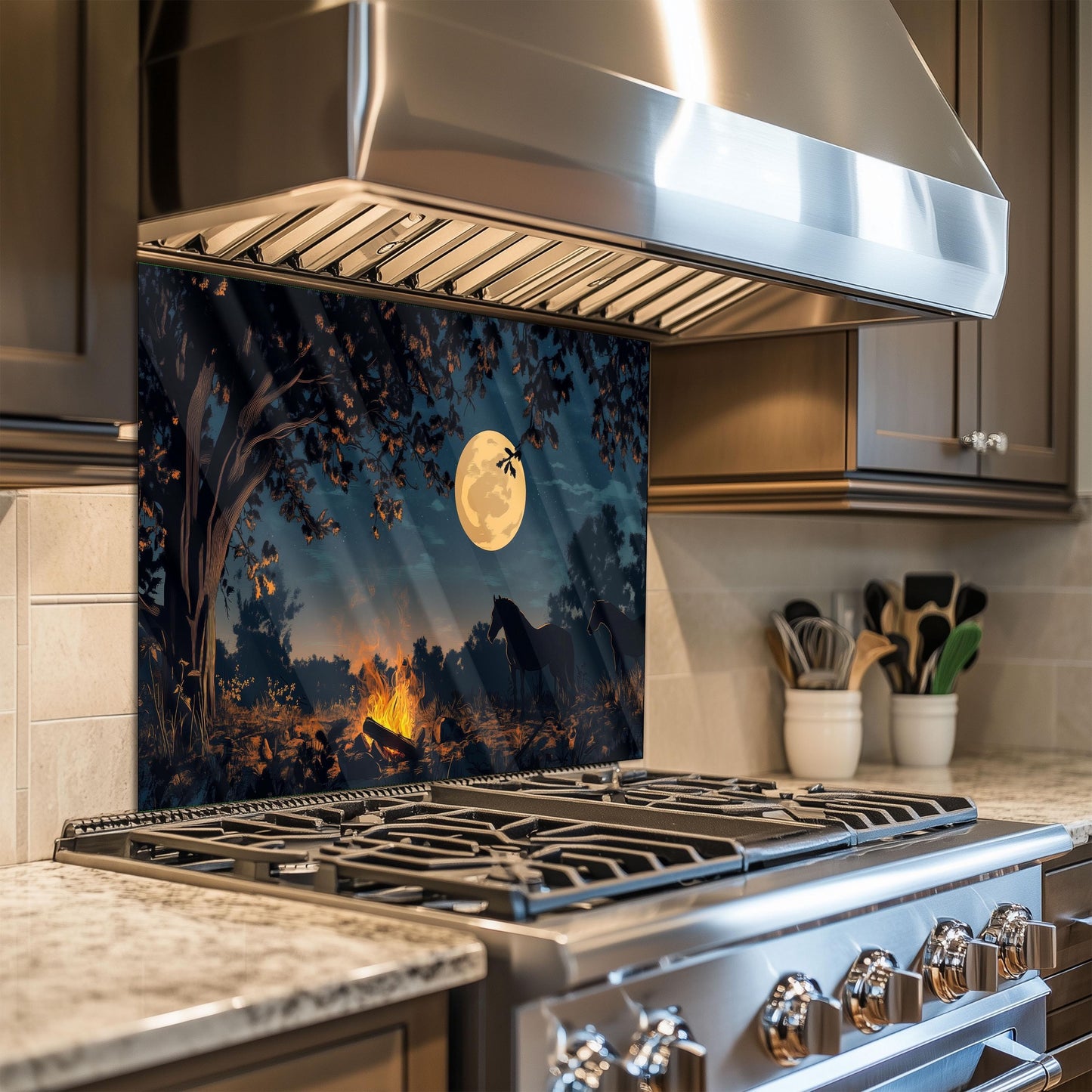 Night Horse Tempered Glass Kitchen Backsplash: Heat Resistant Stove Art