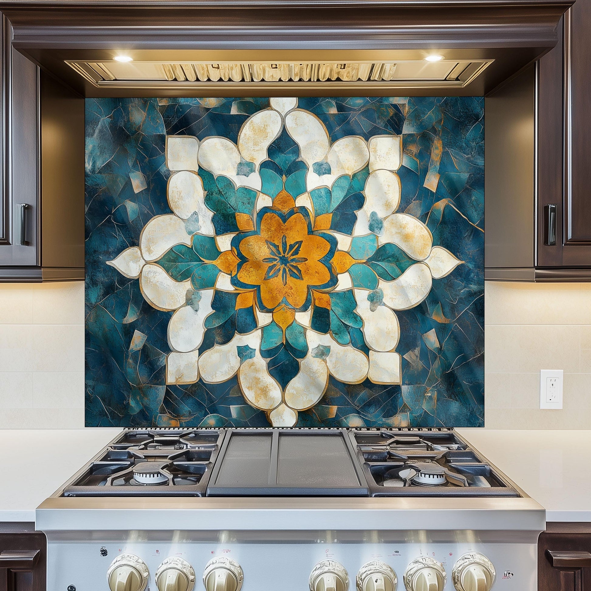 Moroccan Style Glass Backsplash, Blue Geometric Stove Guard, Heat Resistant Easy Clean Kitchen Art