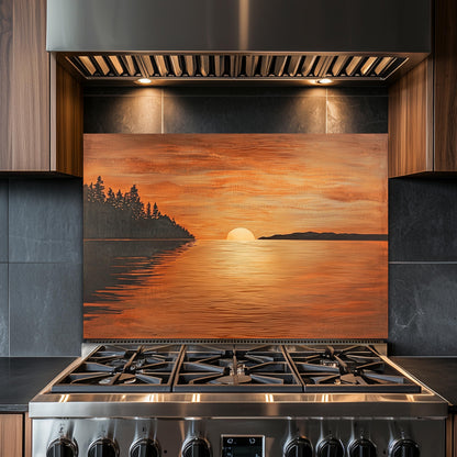 Sunset Ocean Glass Backsplash, Golden Sea Landscape Stove Guard, Heat Resistant Easy Clean Art