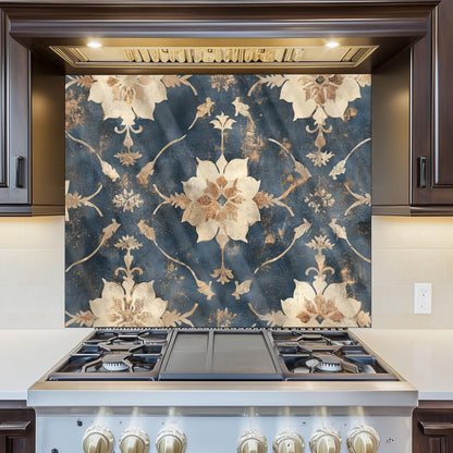 Moroccan Style Glass Backsplash, Blue Geometric Stove Guard, Heat Resistant Easy Clean Kitchen Art