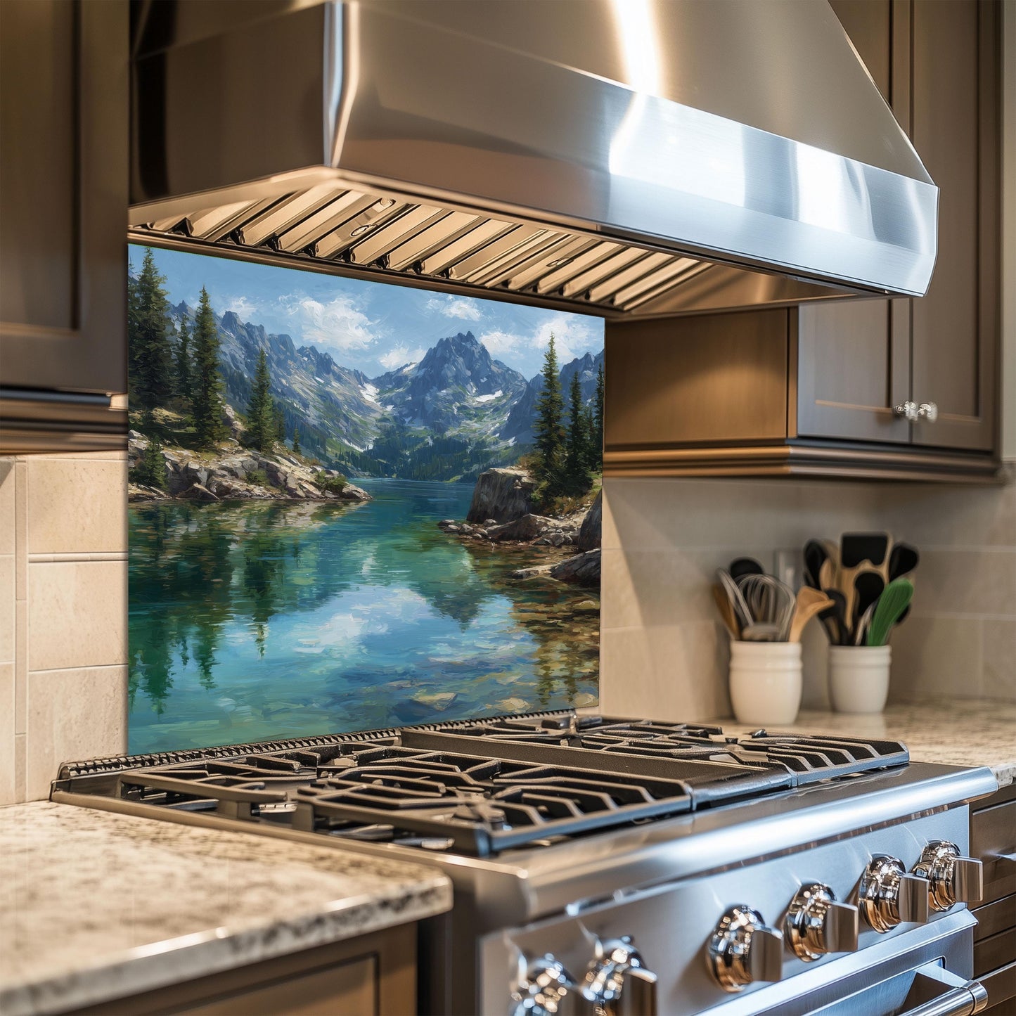 Mountain Lake Reflection Kitchen Backsplash, UV Printed Tempered Glass, Custom Size Design