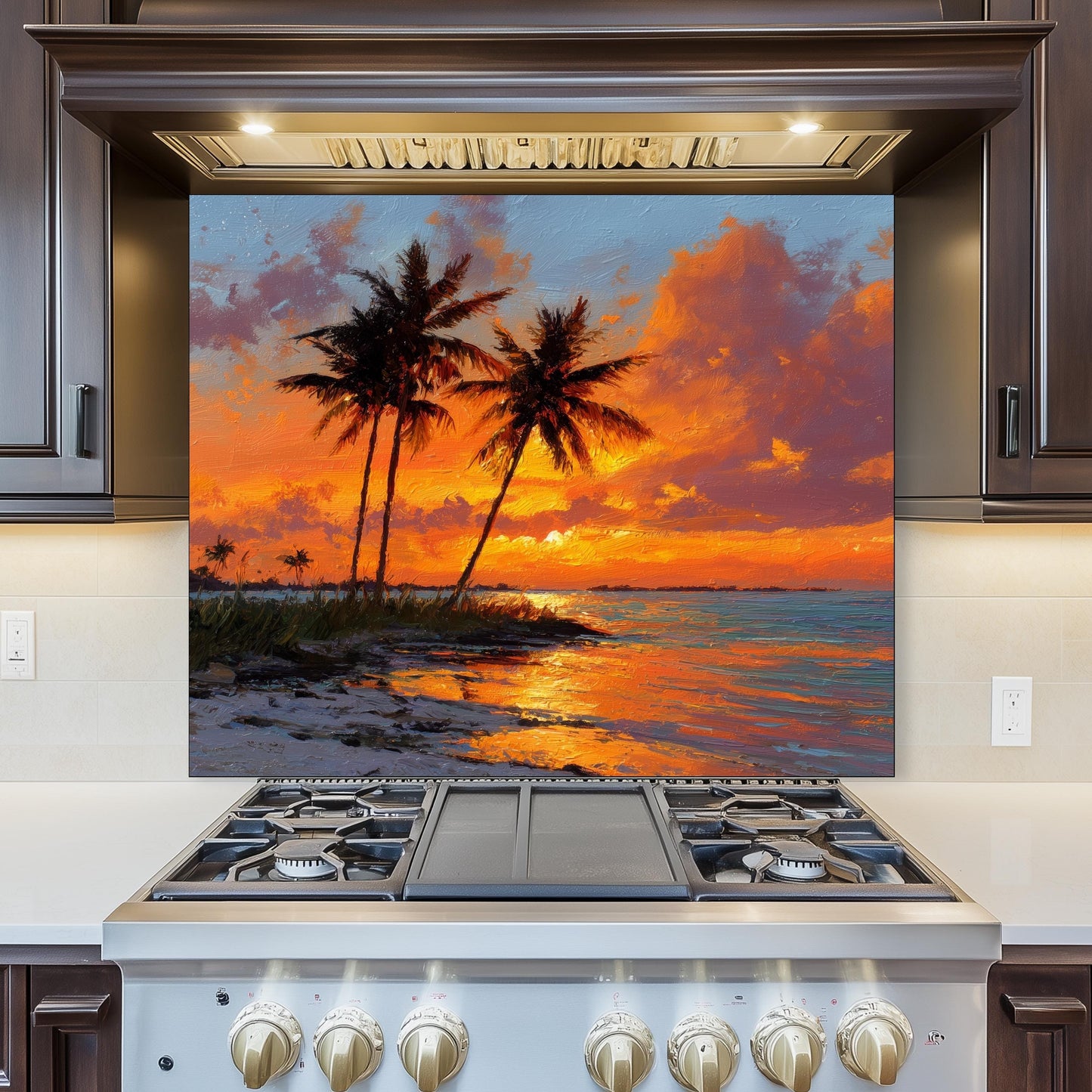 Tropical Palm Sunset Glass Backsplash – Coastal Kitchen Wall Art