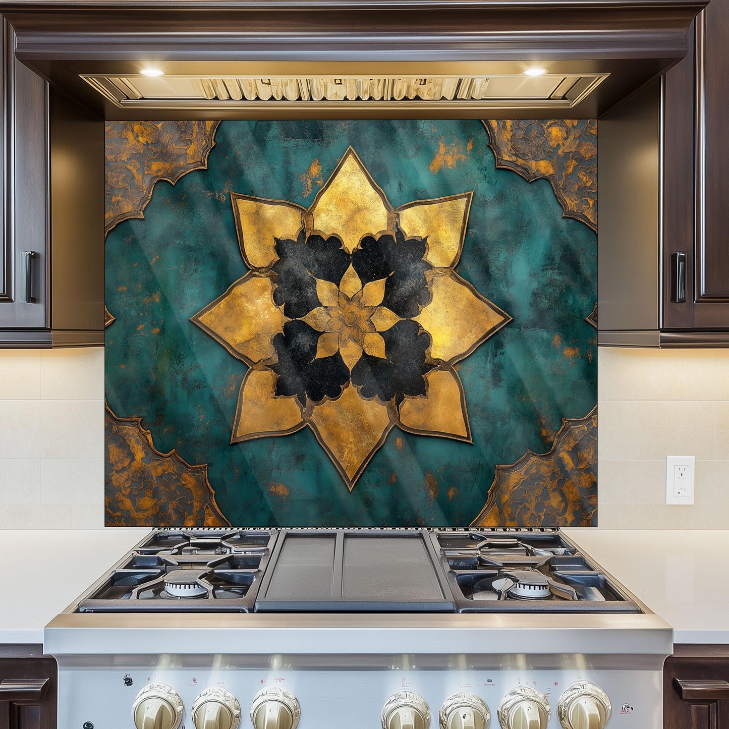 Moroccan Artistic Glass Backsplash, Floral Pattern Stove Guard, Heat Resistant Easy Clean Kitchen Art