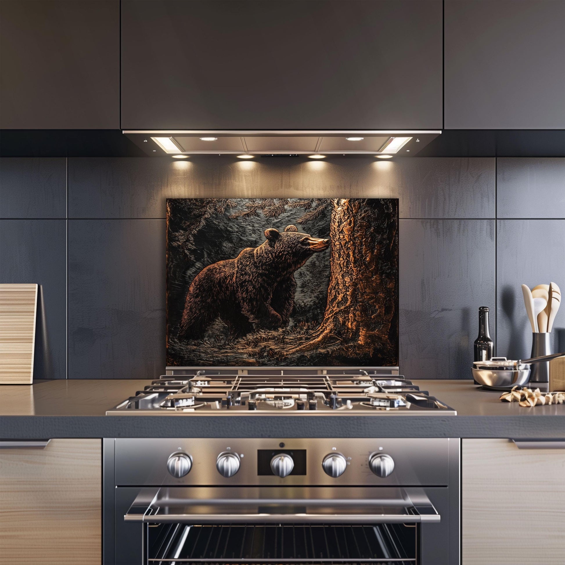 Tempered glass backsplash, bear and forest design, heat-resistant wall panel, easy clean kitchen protector, artistic backsplash, stove protector, stylish wall art, modern kitchen decor