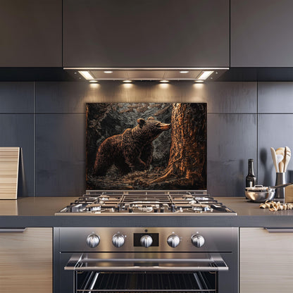 Tempered glass backsplash, bear and forest design, heat-resistant wall panel, easy clean kitchen protector, artistic backsplash, stove protector, stylish wall art, modern kitchen decor