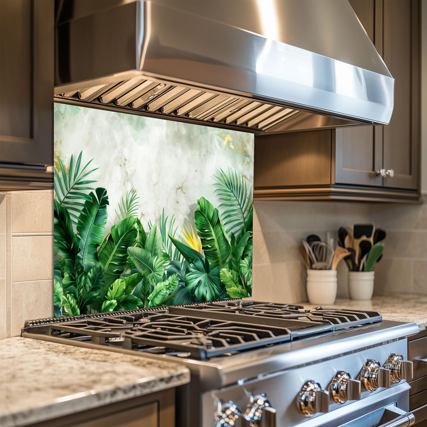 Tropical Banana Leaf Tempered Glass Backsplash: Marble & Gold Kitchen Wall Art