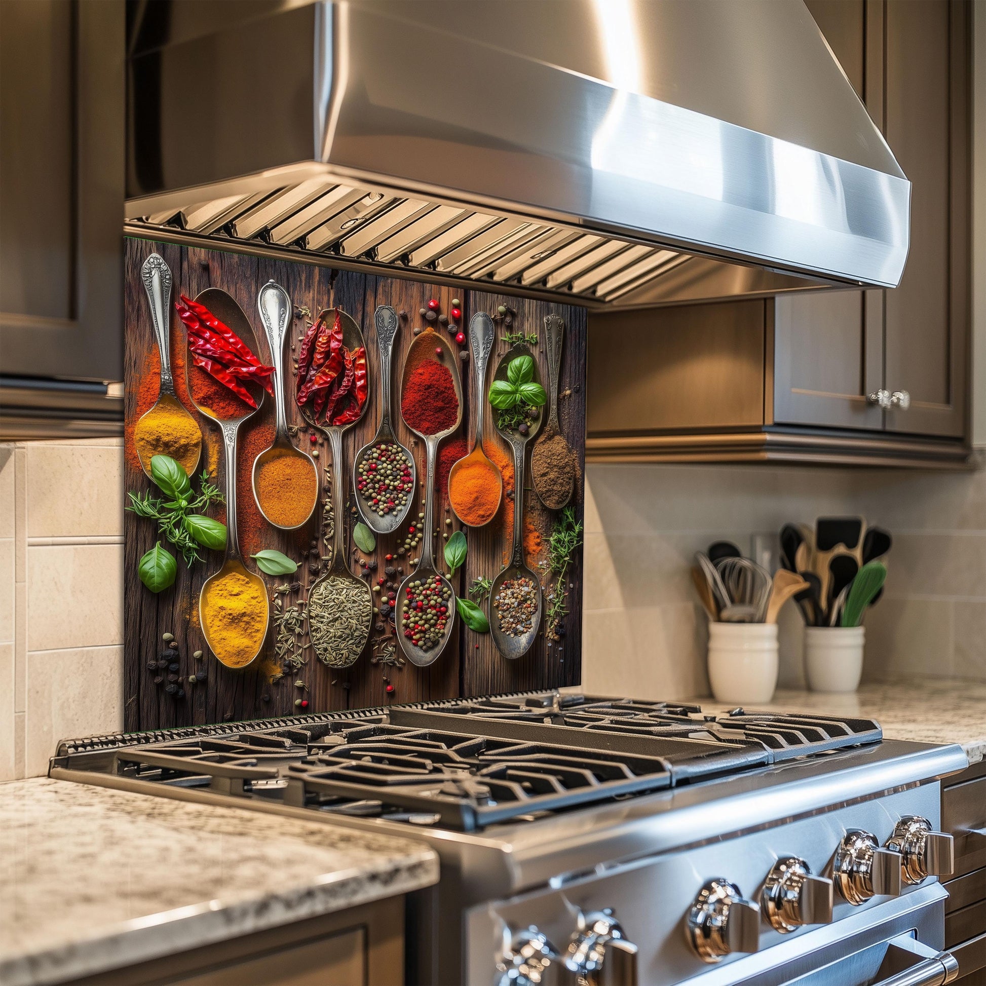 Spices Tempered Glass Backsplash: Heat Resistant Kitchen Wall Art