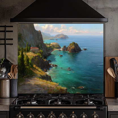 Tempered Glass Coastal Backsplash: Mountain Sunrise Kitchen Wall Art