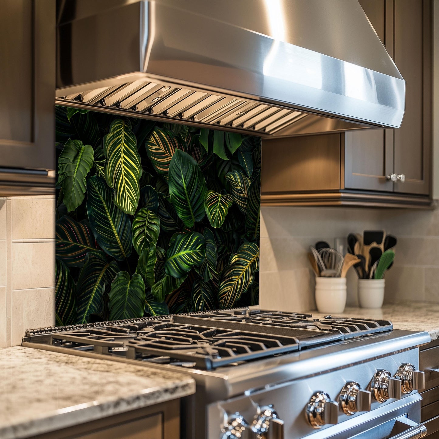 Tropical Jungle Leaf Tempered Glass Backsplash: Botanical Kitchen Wall Panel
