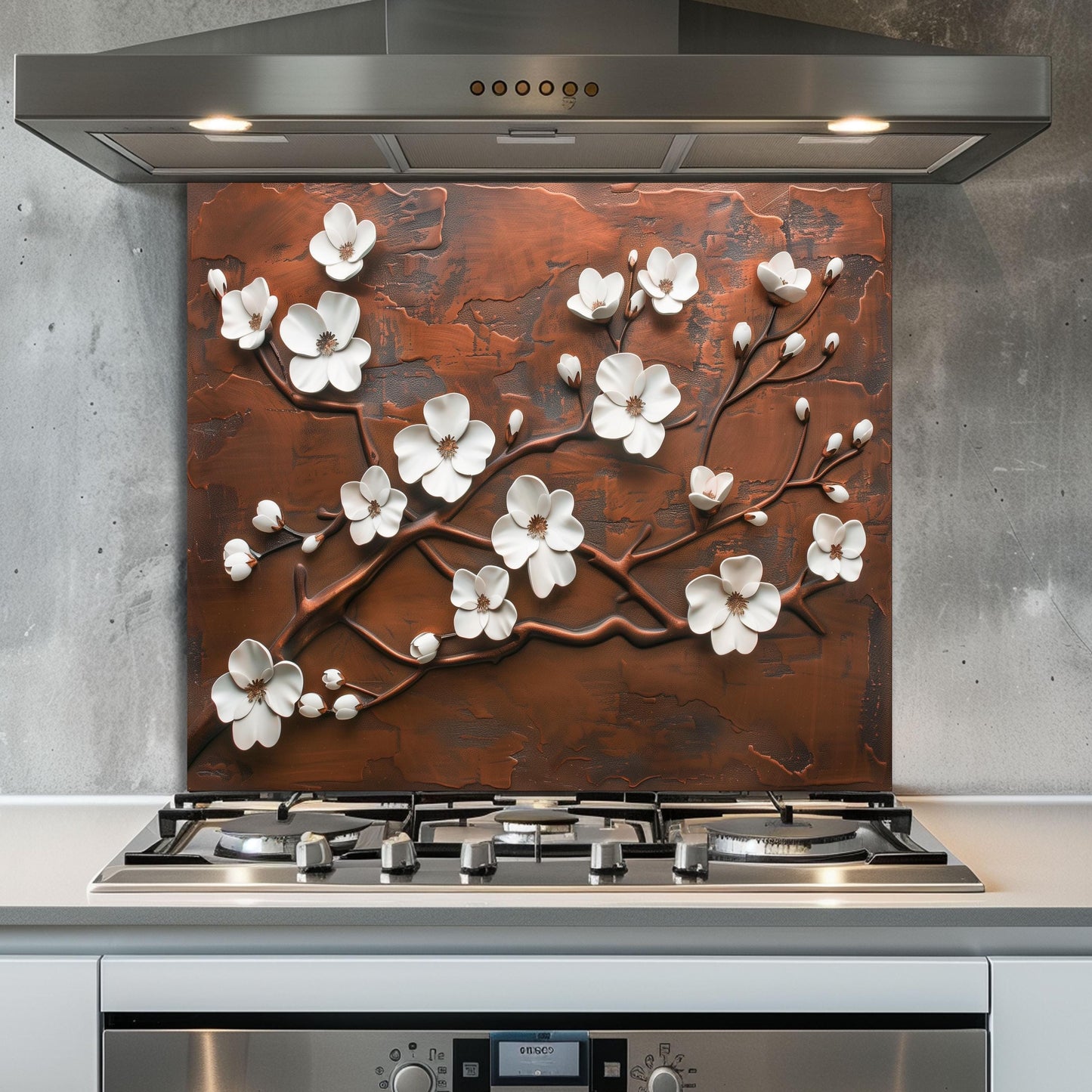 Tempered Glass Kitchen Backsplash: Copper Cherry Blossom Design