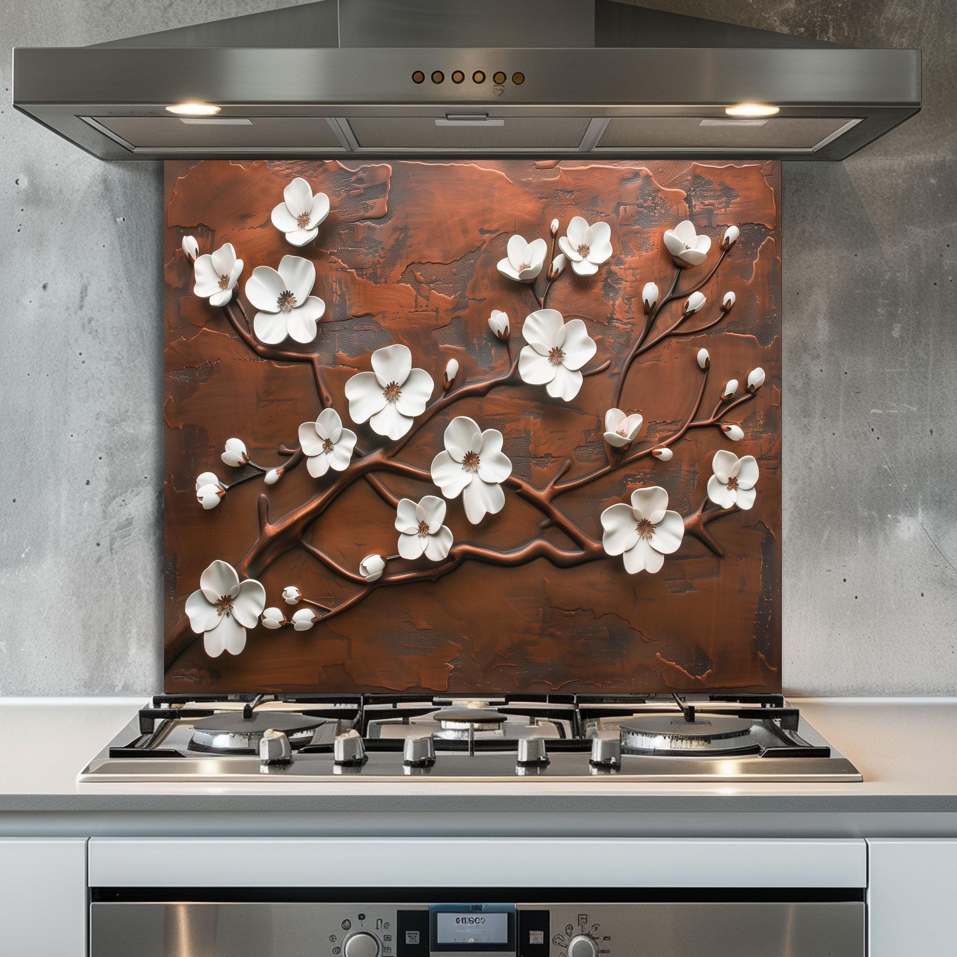 Tempered Glass Kitchen Backsplash: Copper Cherry Blossom Design