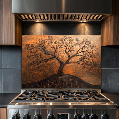 Tree of Life Tempered Glass Kitchen Backsplash: Copper Effect