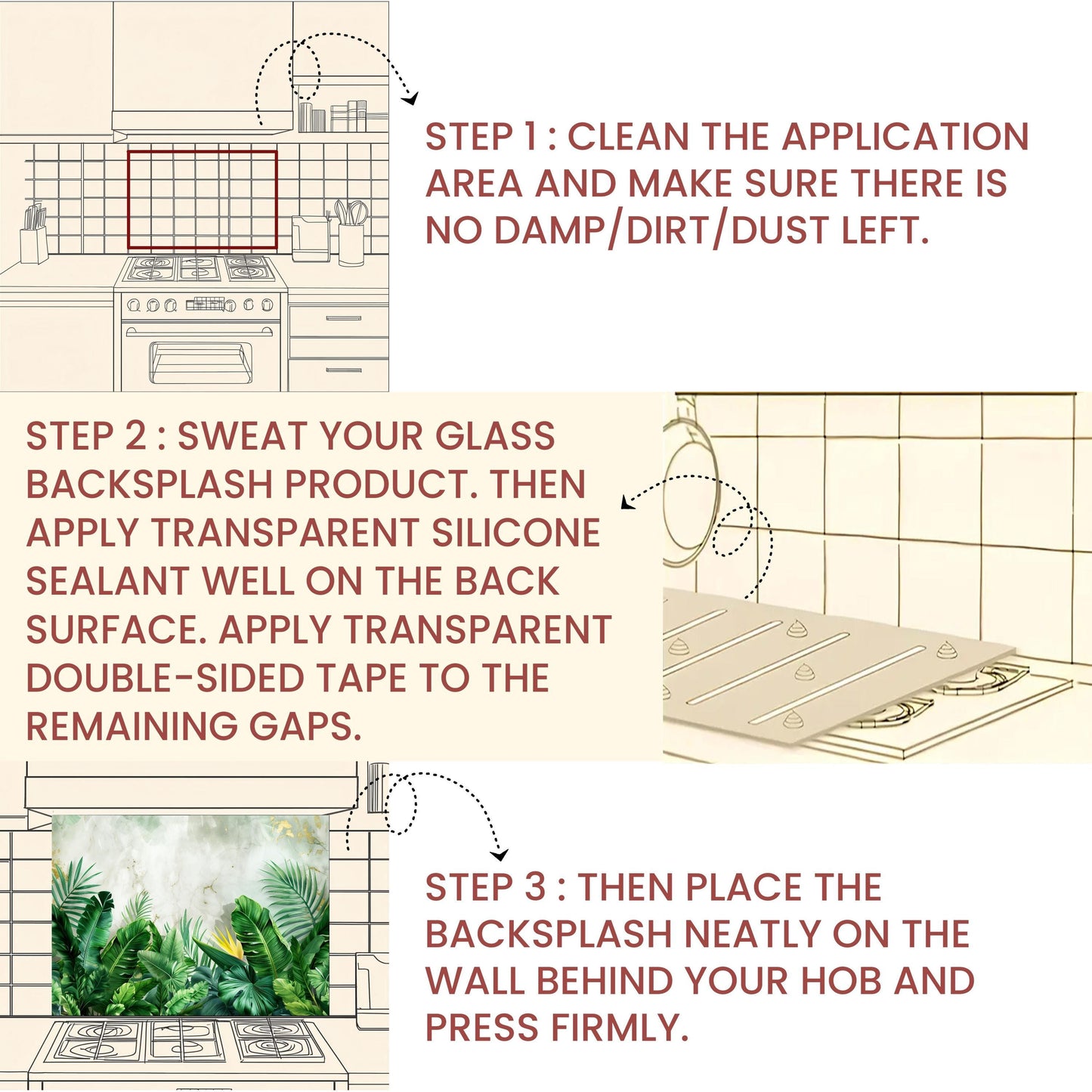 Tropical Banana Leaf Tempered Glass Backsplash: Marble & Gold Kitchen Wall Art
