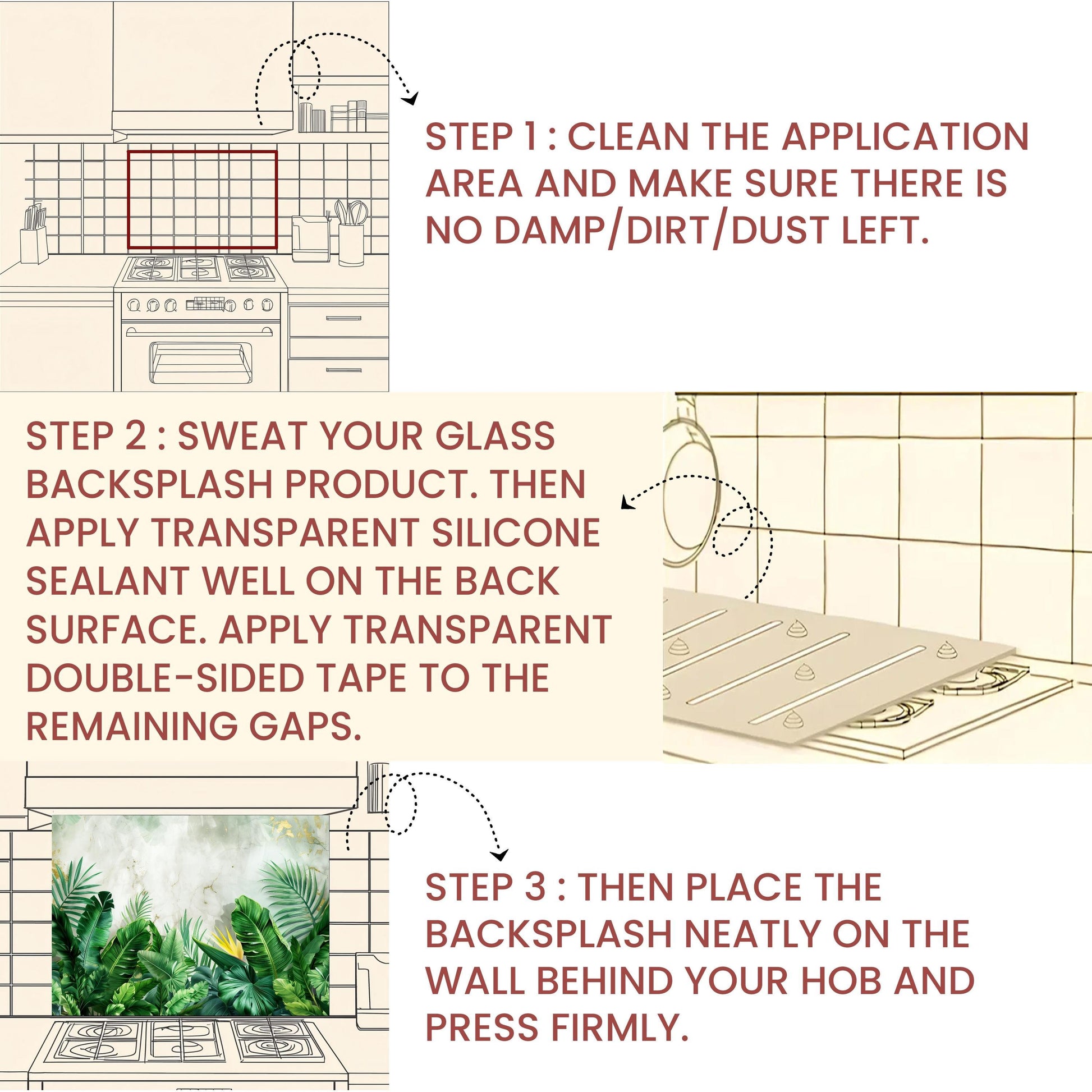 Tropical Banana Leaf Tempered Glass Backsplash: Marble & Gold Kitchen Wall Art