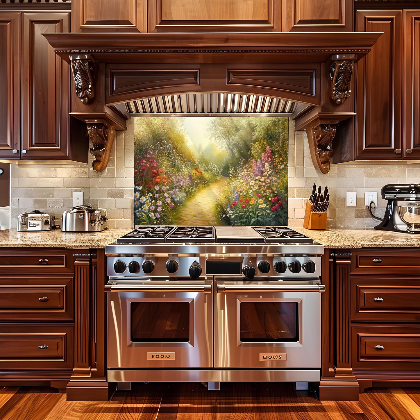Floral Tempered Glass Kitchen Backsplash, Heat Resistant Wall Art, Custom Size Design