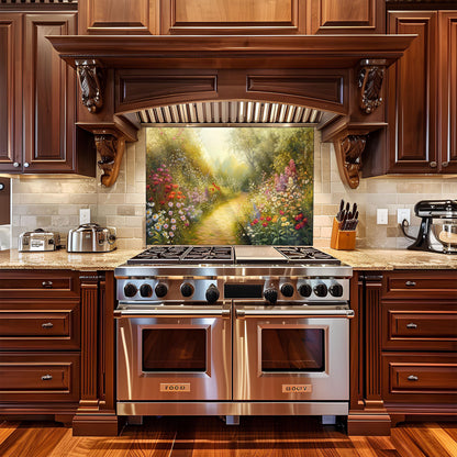 Floral Tempered Glass Kitchen Backsplash, Heat Resistant Wall Art, Custom Size Design