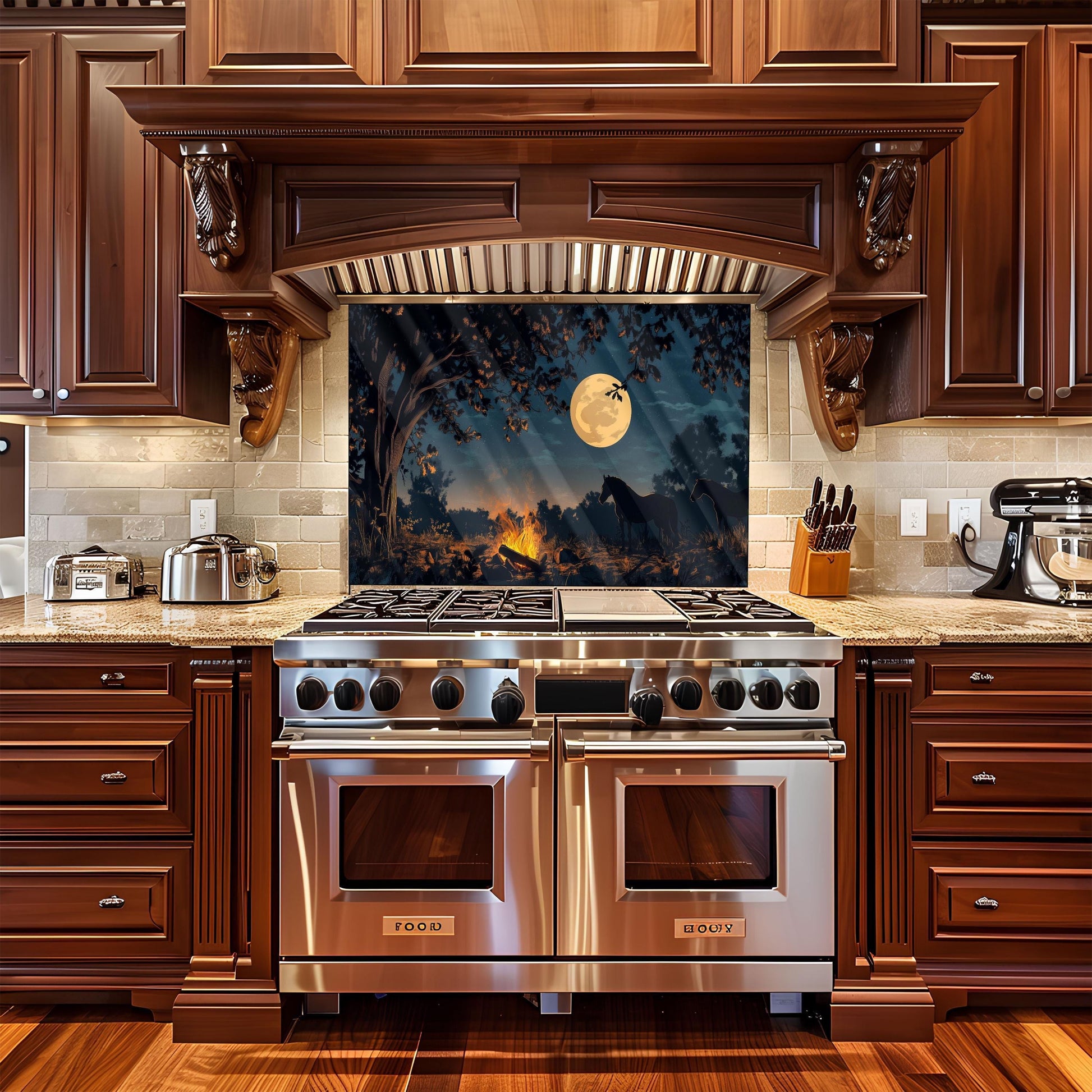 Night Horse Tempered Glass Kitchen Backsplash: Heat Resistant Stove Art