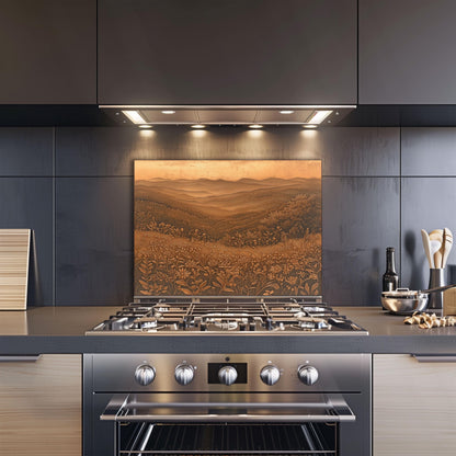 Heat-resistant copper effect kitchen backsplash, mountain landscape design, tempered glass wall protector, rustic kitchen art, easy clean stove protector, wildflower decor, nature-inspired kitchen decor