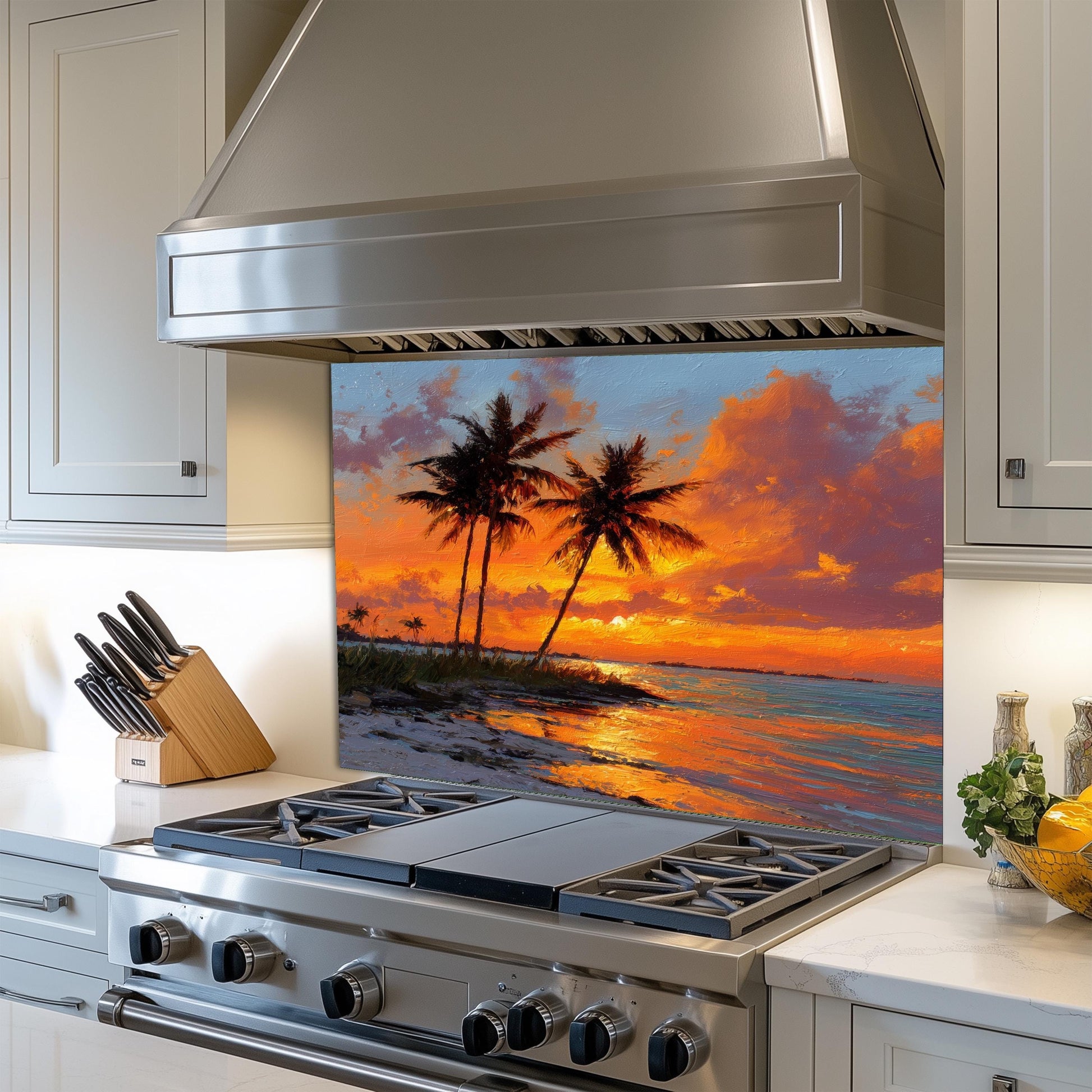 Tropical Palm Sunset Glass Backsplash – Coastal Kitchen Wall Art
