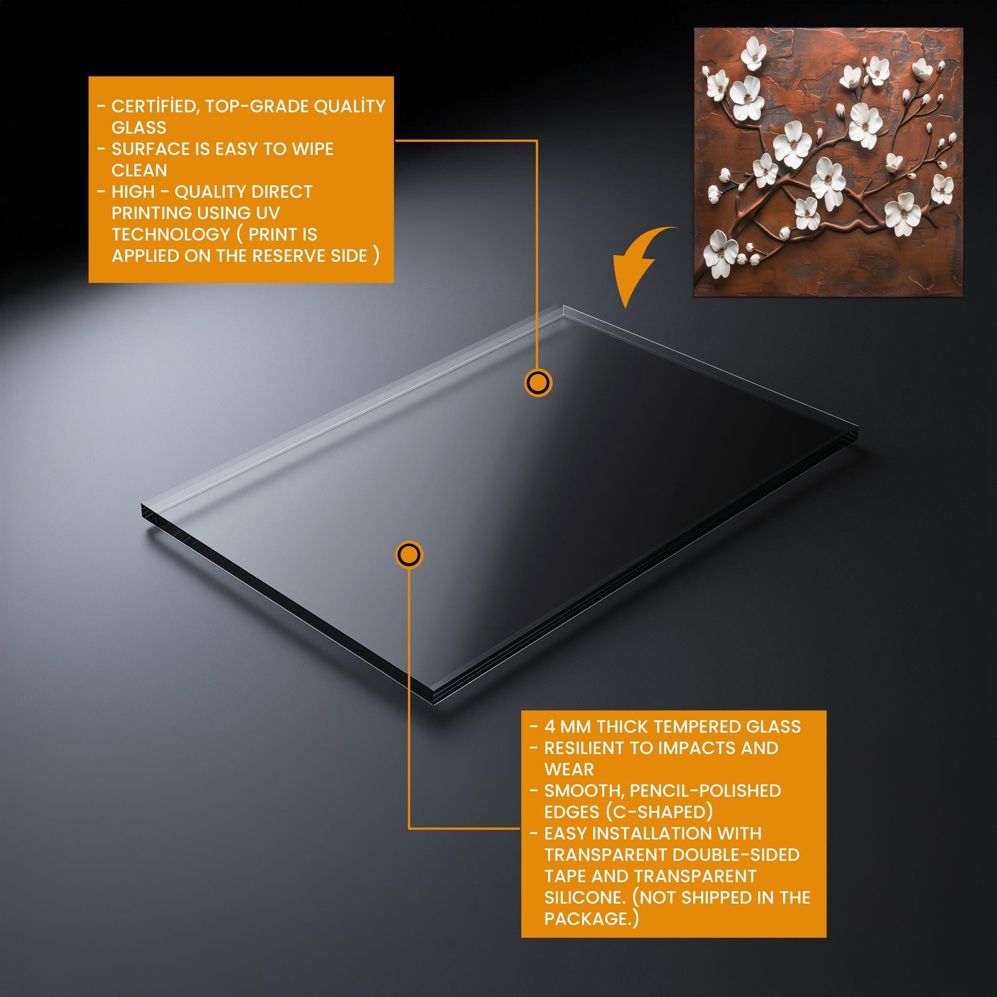 Tempered Glass Kitchen Backsplash: Copper Cherry Blossom Design