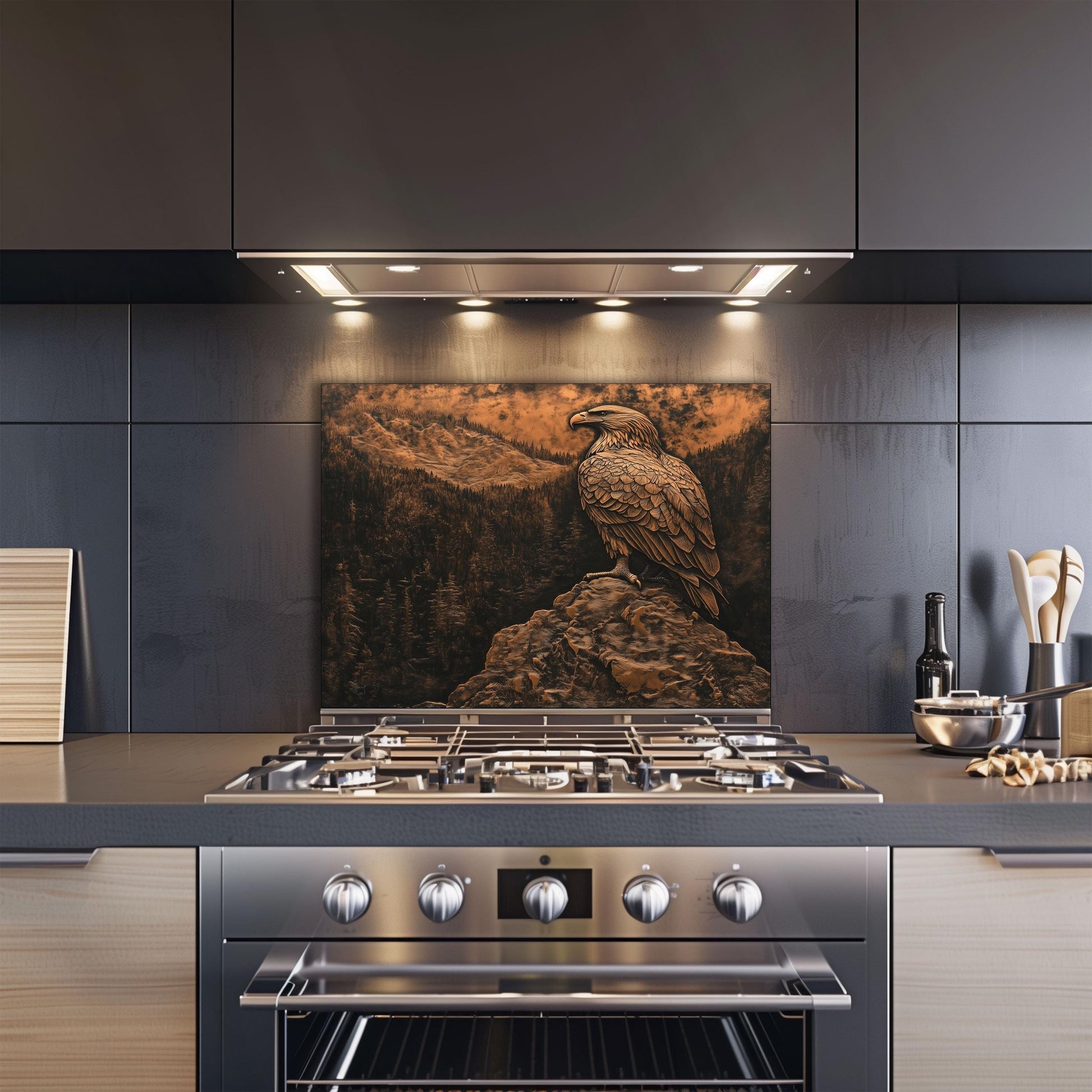 Wildlife kitchen art, copper effect tempered glass, heat-resistant backsplash, easy clean kitchen protector, nature-inspired kitchen decor, stove protector, Bald Eagle wall art
